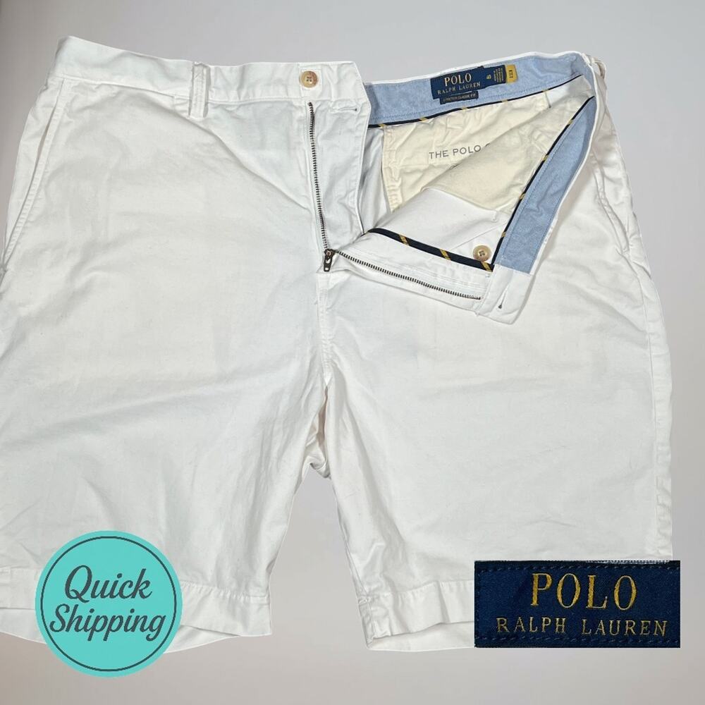 Polo Ralph Lauren Mens 38 x 9" White Stretch Cotton Twill Shorts Blue Pony